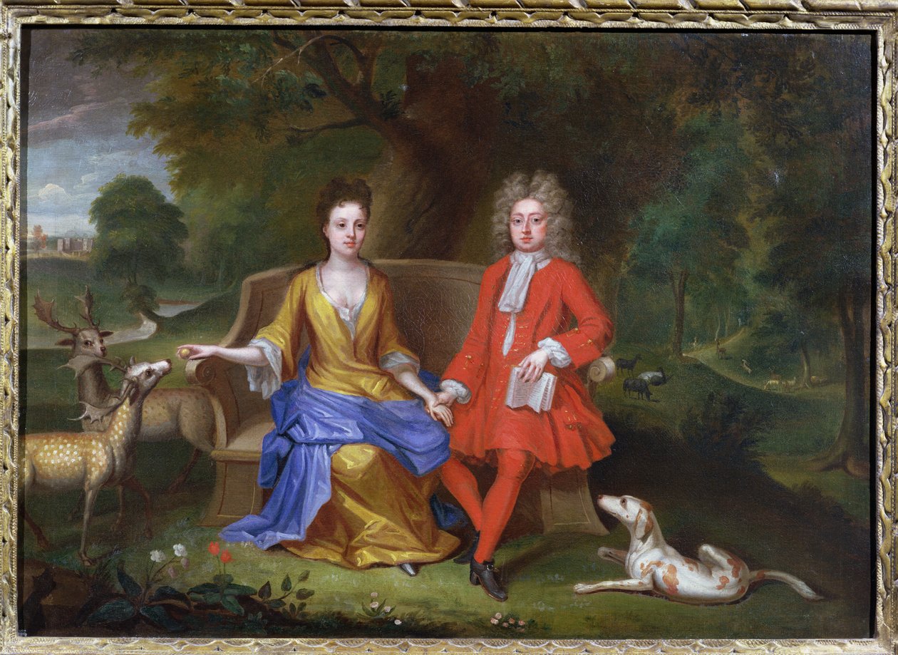 Portrét sira Charlese Shuckburgha a jeho manželky Diany s Shuckburgh Hall, Warwickshire v pozadí, kolem roku 1690 od Adriaen van Diest