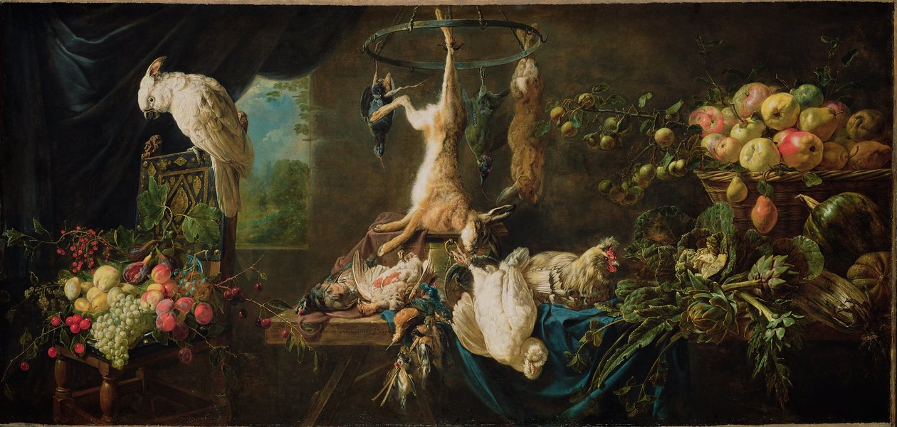 Zátiší: Hra, zelenina, ovoce, kakadu od Adriaen van Utrecht