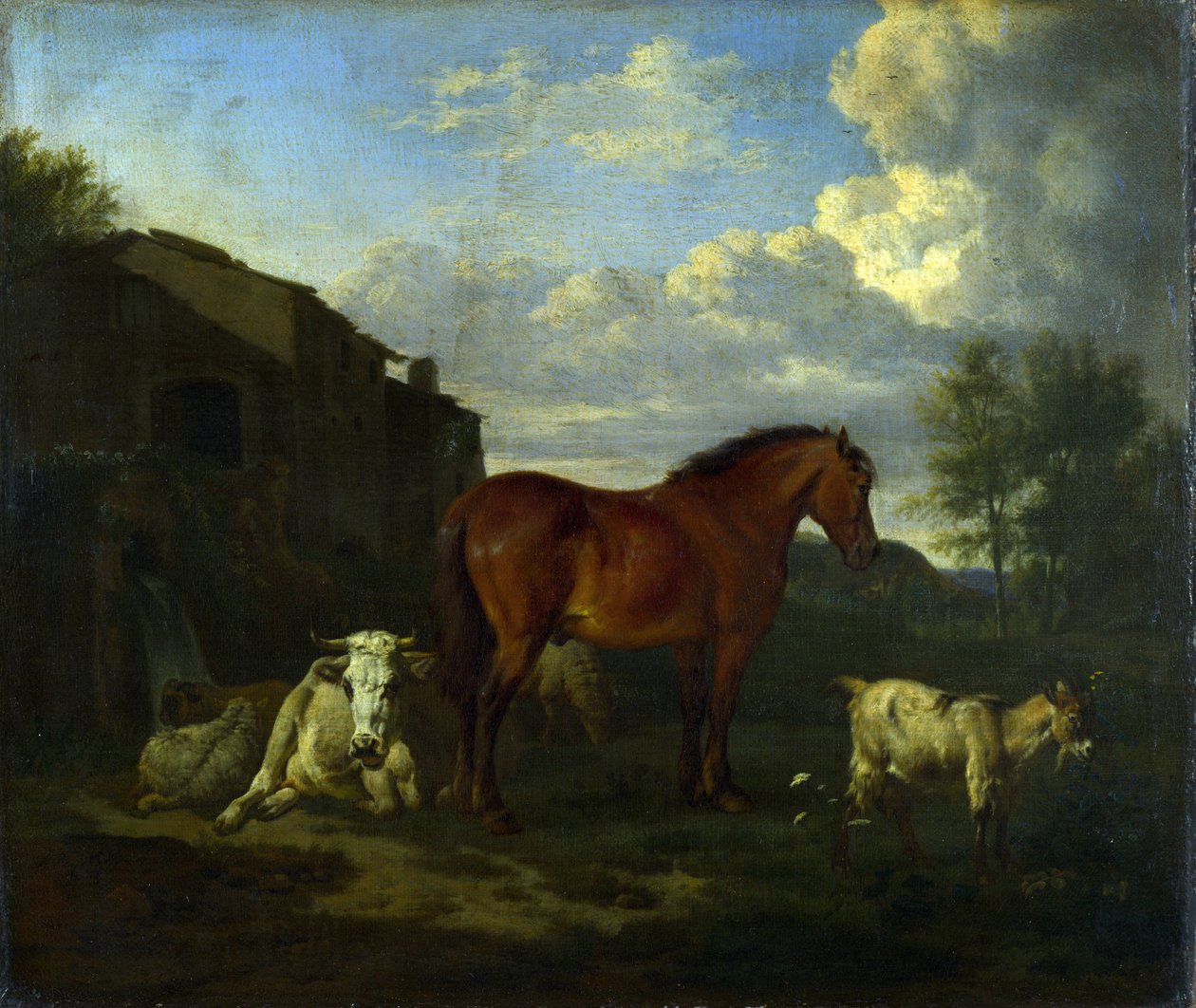 Bay Horse, kráva, koza a tři ovce poblíž budovy od Adriaen van de Velde