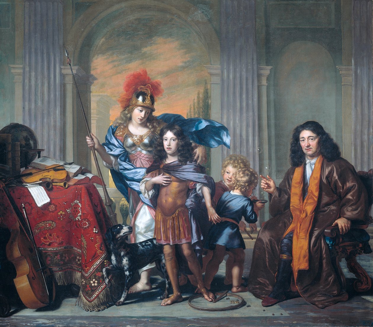 Nizozemsky: Allegorische portretgroep van de familie De Bordes met Minerva Allerorical Group Portrait, probably Showing Anthony de Bordes Sr. Leaving his Son Anthony in the Care of Minerva od Adriaen Backer