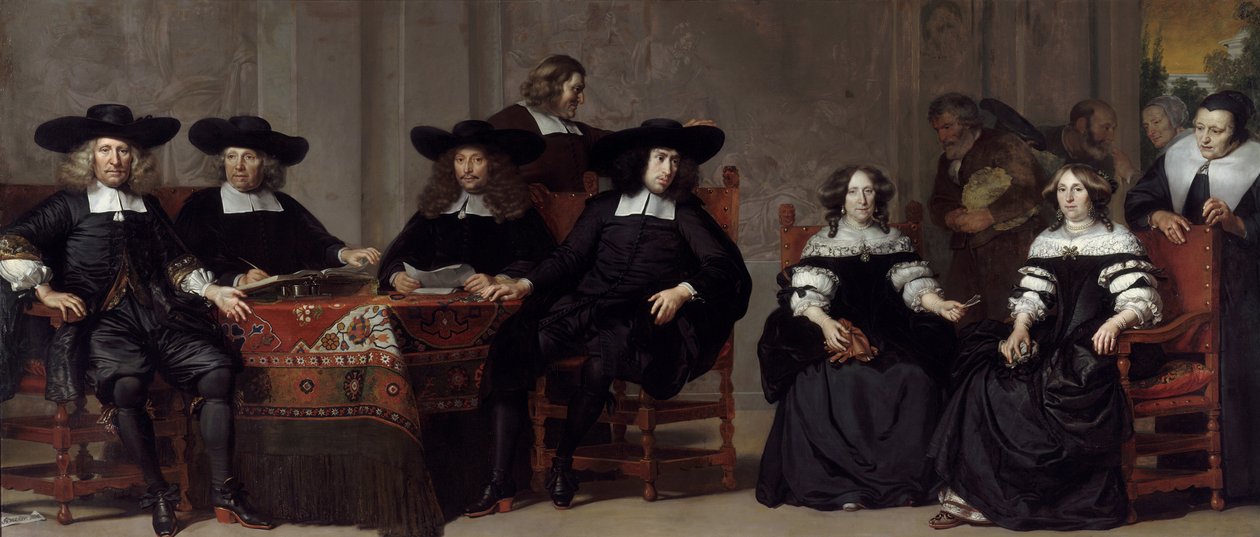 Vládci domu starých mužů a žen v Amsterdamu par Backer, Adriaen (asi 1635-1684). Olej na plátně, rozměr: 197x457 od Adriaen Backer