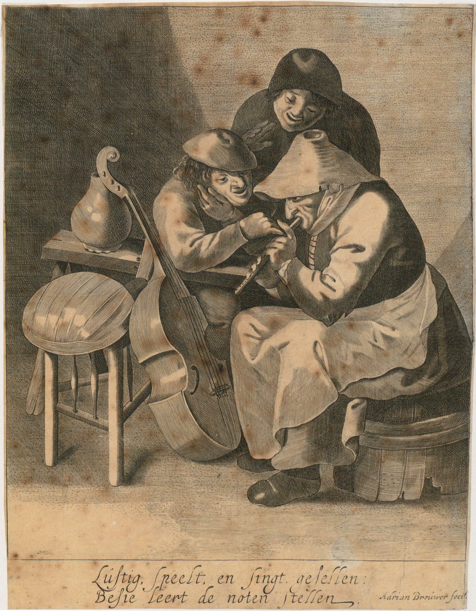 Flétnistka a dva rolníci od Adriaen Brouwer