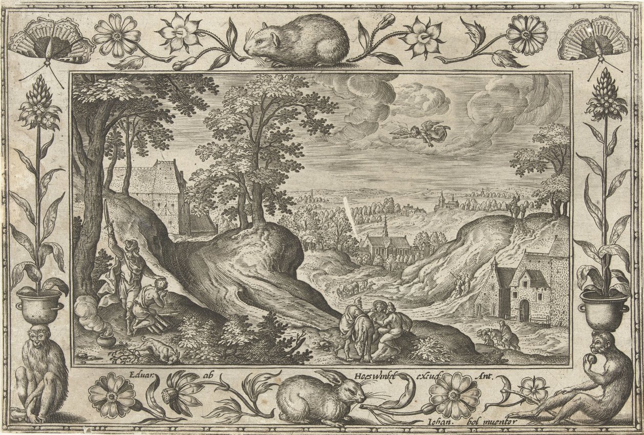 Abraham obětuje Izáka Krajiny s biblickými, mytologickými scénami a loveckými scénami (název série) od Adriaen Collaert