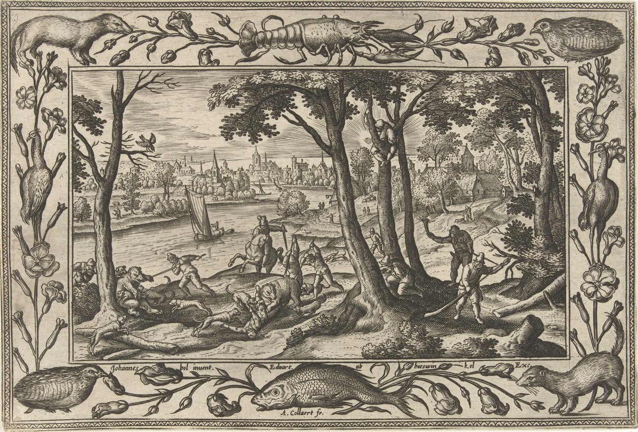 lov medvědů Krajiny s biblickými, mytologickými scénami a loveckými scénami (název série) od Adriaen Collaert