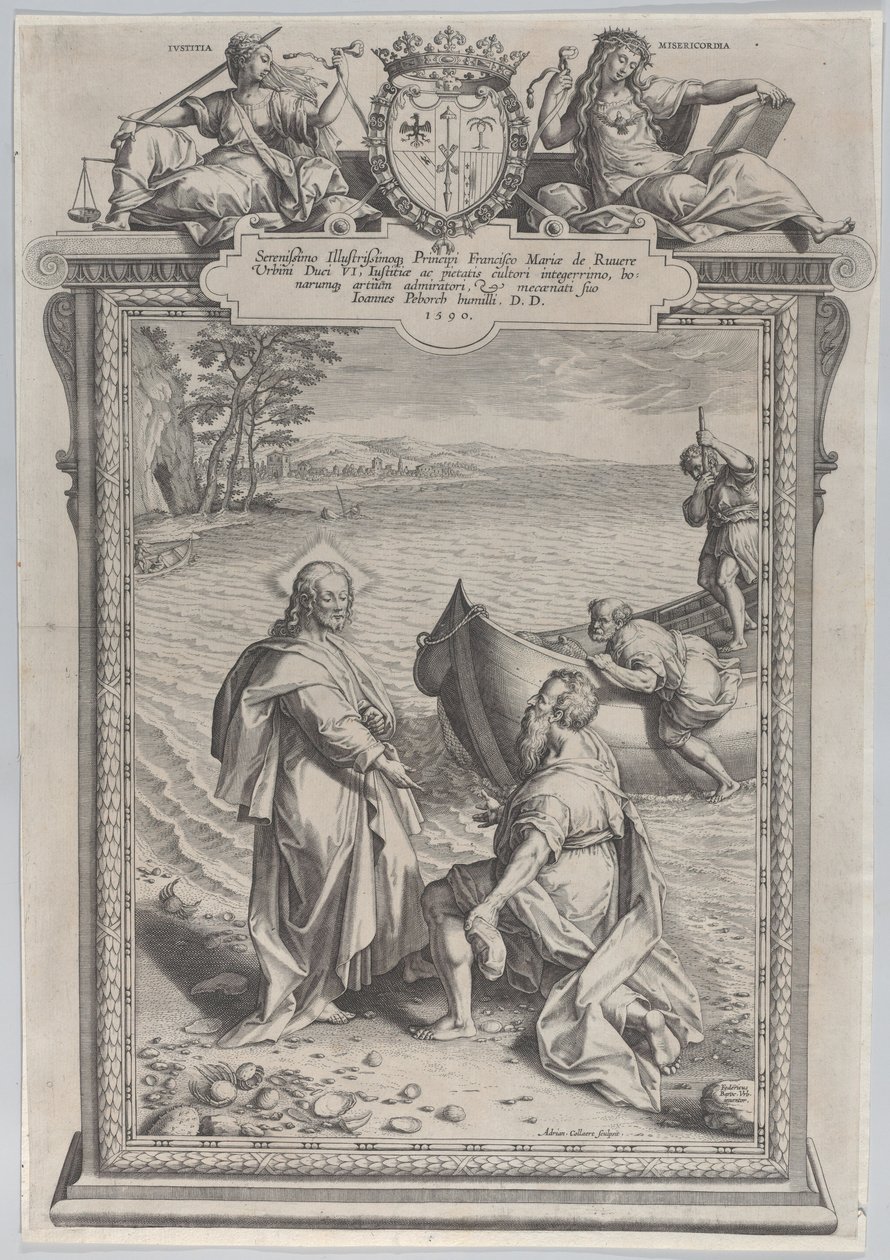 Kristus volá svatého Ondřeje, který před ním klečí na pláži, a svatého Petra, který leze..., 1590. od Adriaen Collaert