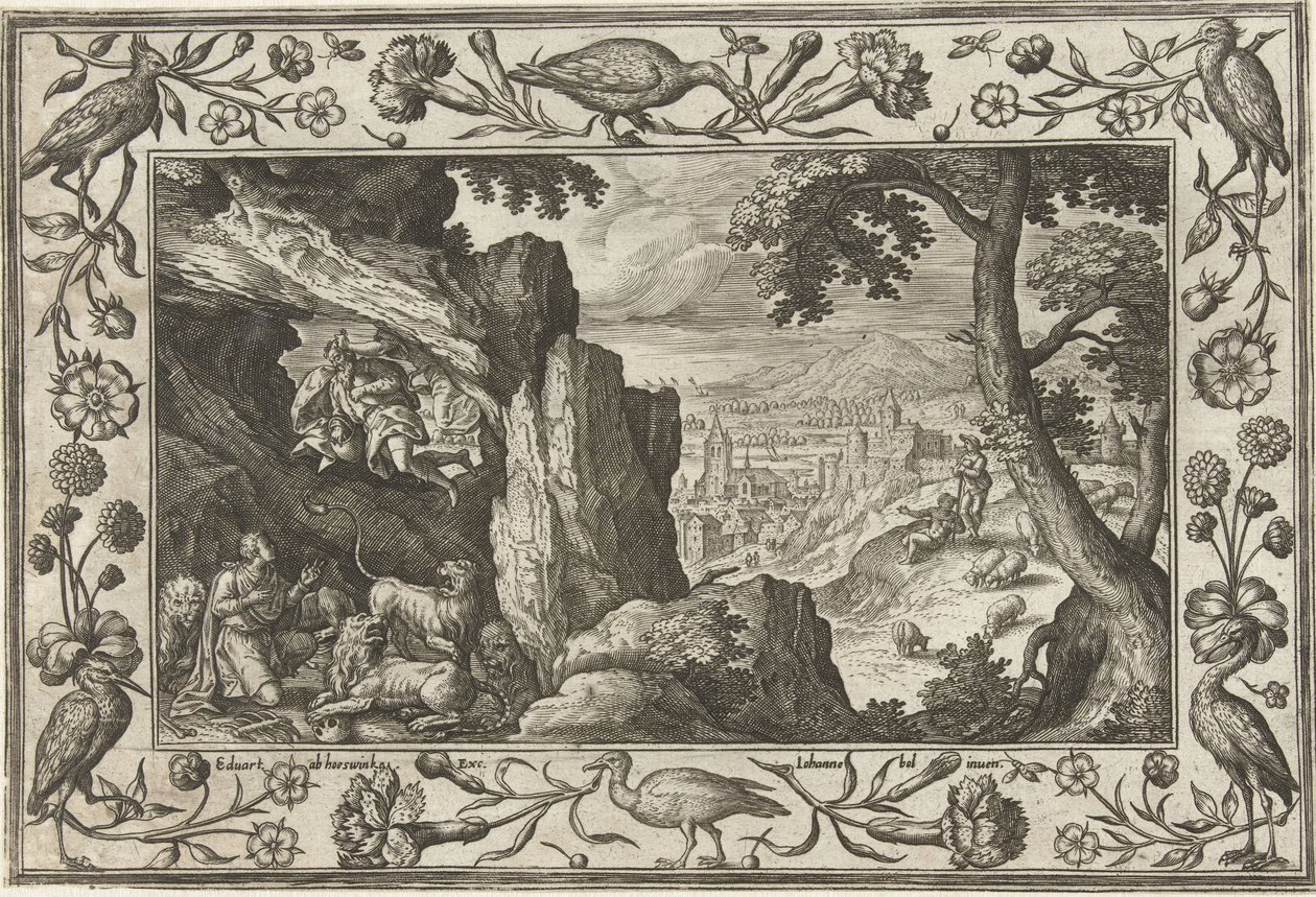 Daniel v jámě lvové Krajiny s biblickými, mytologickými scénami a loveckými scénami (název série) od Adriaen Collaert