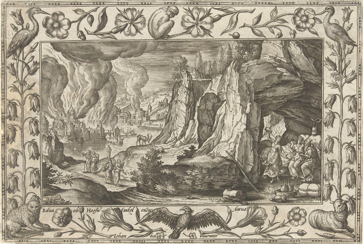 Lot a jeho dcery Krajiny s biblickými, mytologickými scénami a loveckými scénami (název série) od Adriaen Collaert