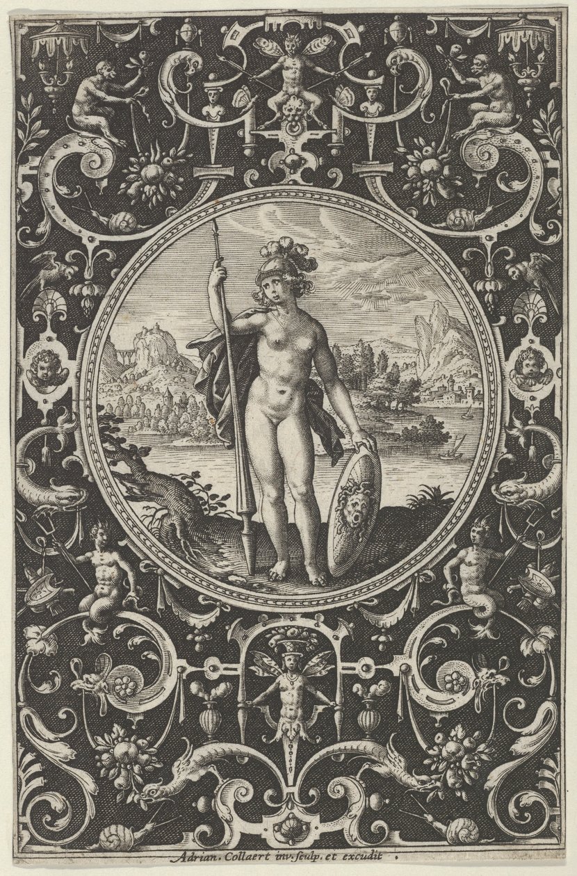 Minerva v dekorativním rámu s groteskami, z Soudu v Paříži, c1580-1600. od Adriaen Collaert