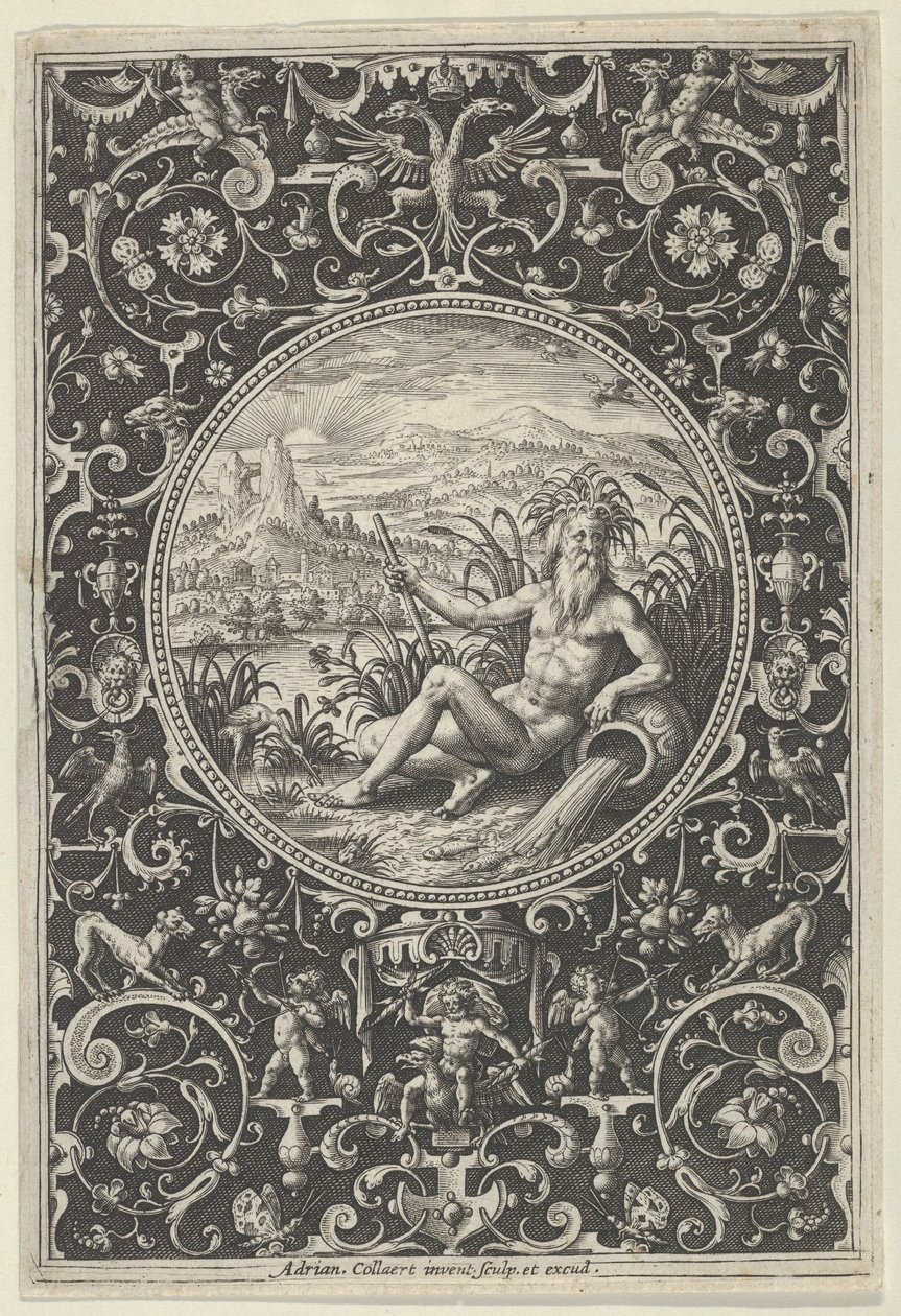 Neptun v dekorativním rámu s groteskami, z Soudu v Paříži, c1580-1600. od Adriaen Collaert