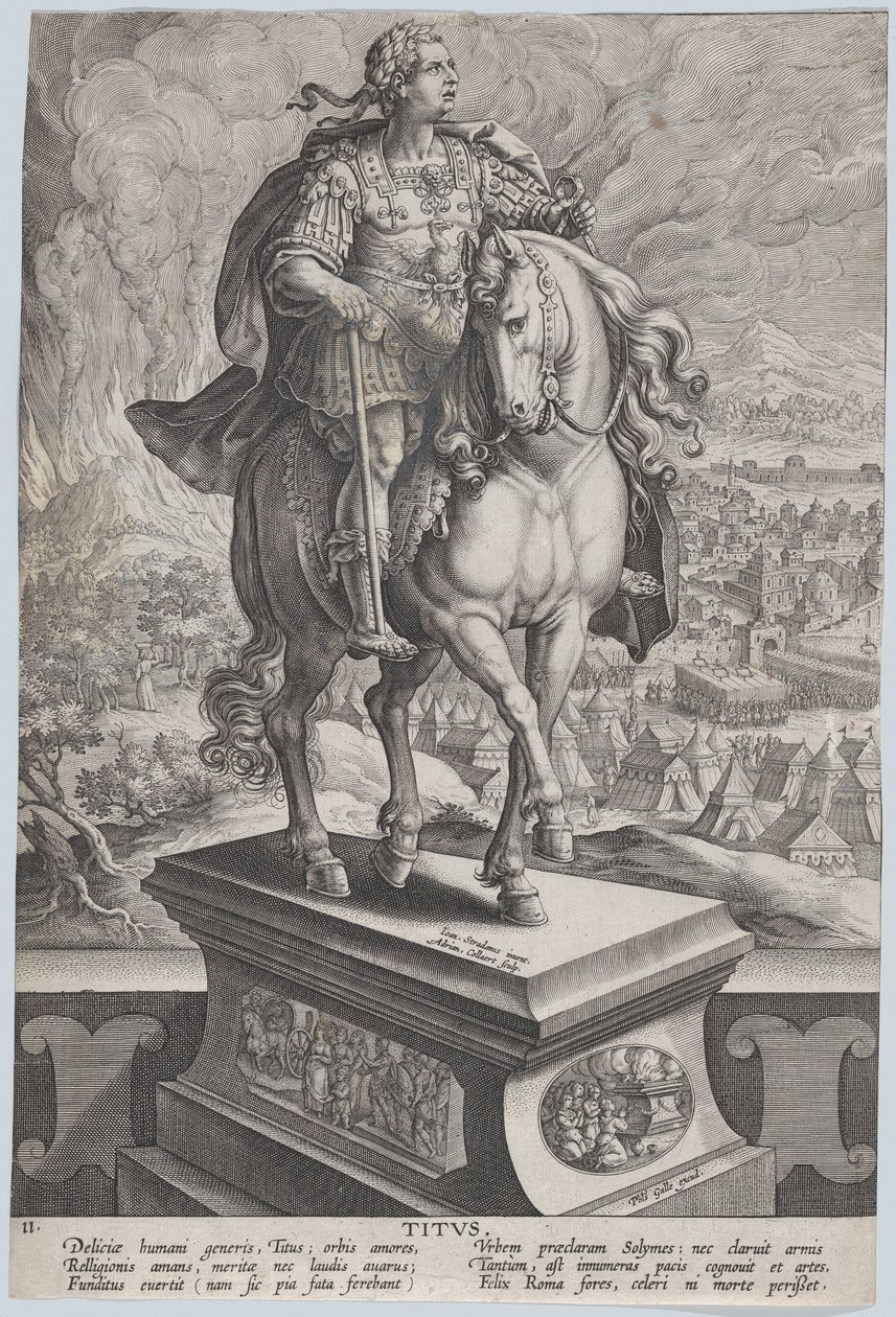 Deska 11: jezdecká socha Tita, pohled ze tří čtvrtin vpravo, hora Vesuv..., ca. 1587-89. od Adriaen Collaert