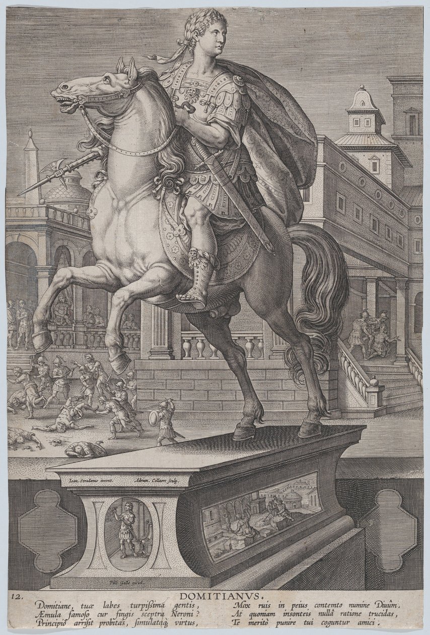 Deska 12: jezdecká socha Domitiana, viděno ze tří čtvrtin vlevo, s jeho ..., ca. 1587-89. od Adriaen Collaert