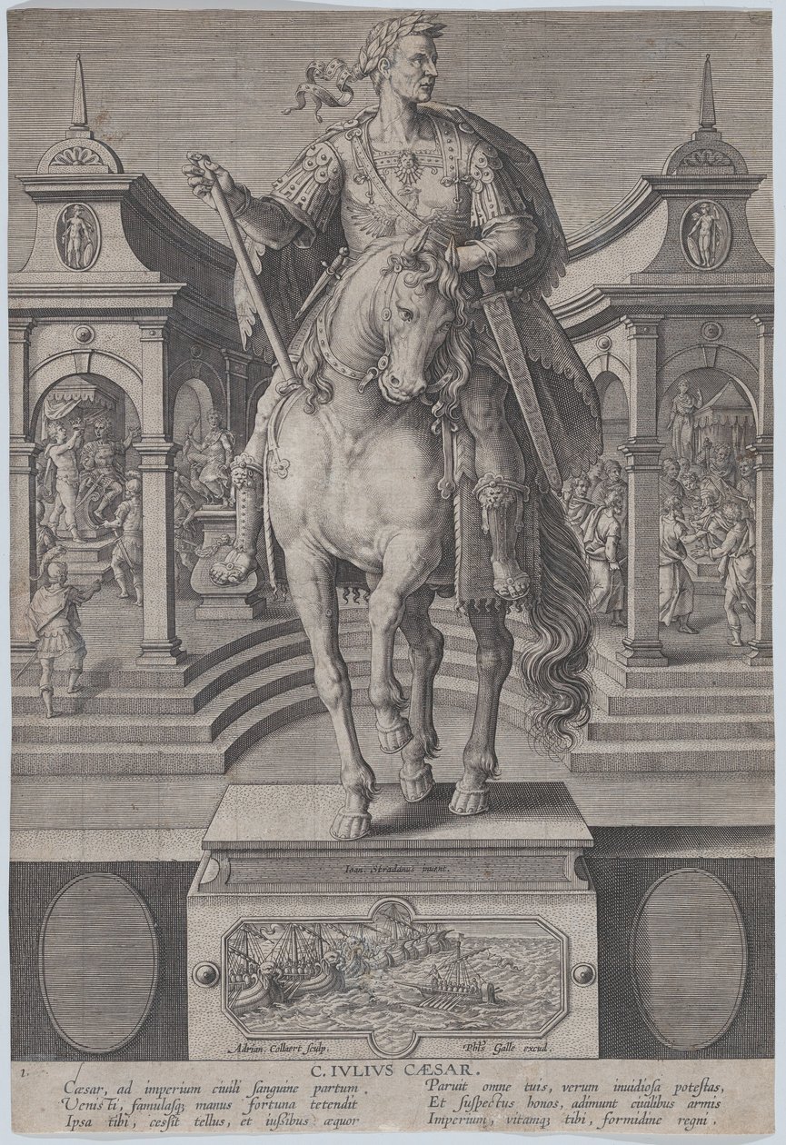 Deska 1: jezdecká socha Julia Caesara, pohled zepředu, s výjevem..., ca. 1587-89. od Adriaen Collaert