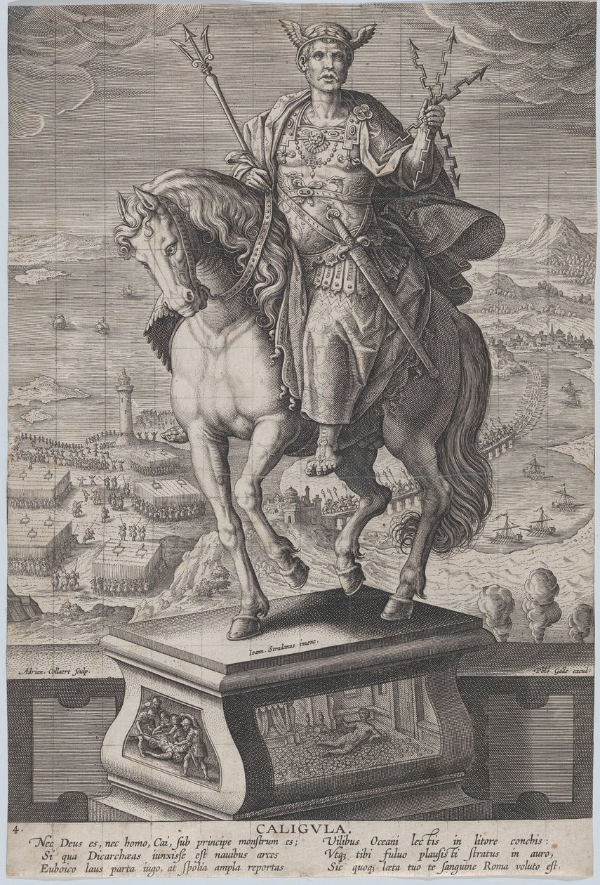 Deska 4: jezdecká socha Caliguly, viděno ze tří čtvrtin vlevo, na sobě ..., ca. 1587-89. od Adriaen Collaert