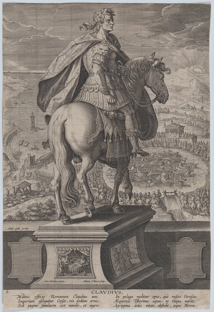 Talíř 5: jezdecká socha Claudia, pohled zezadu, námořní soutěž v ri..., ca. 1587-89. od Adriaen Collaert