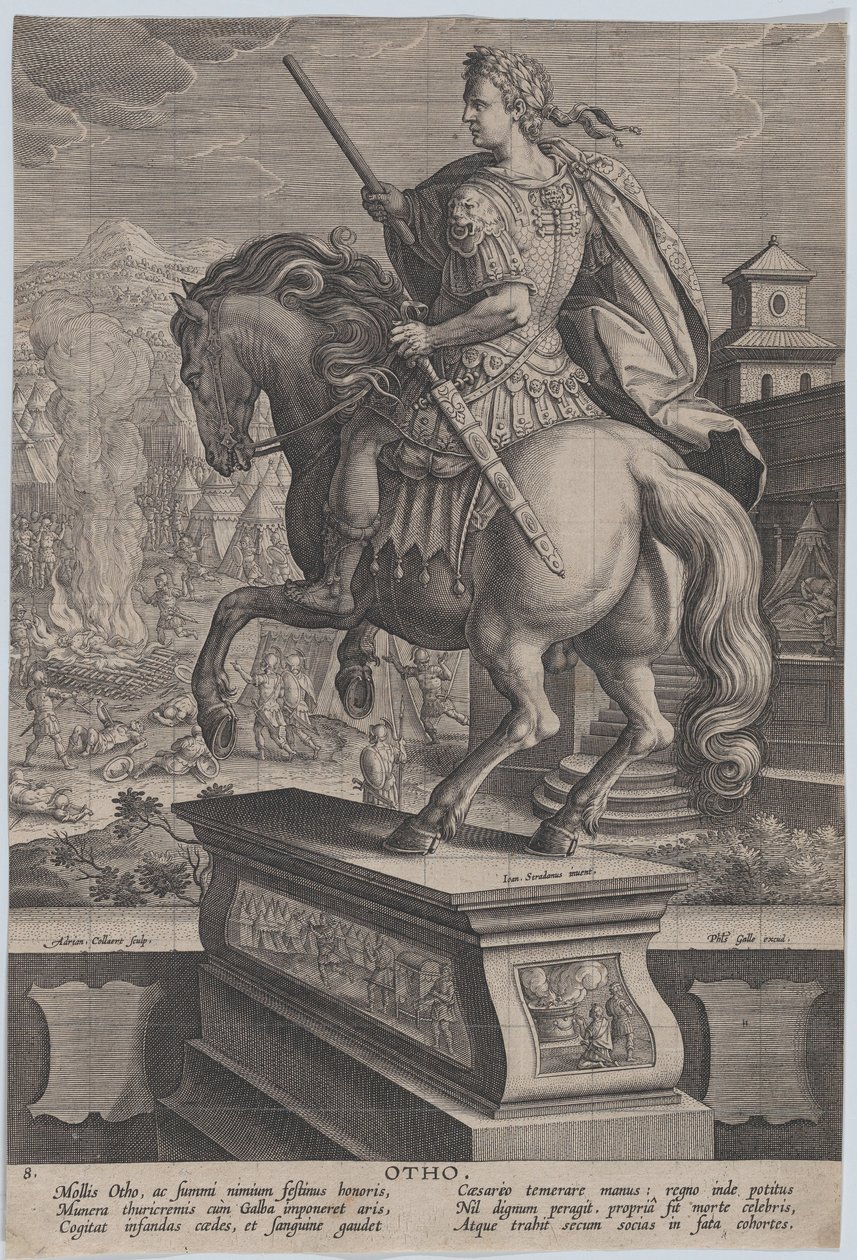 Deska 8: jezdecká socha Otho, pohled zezadu, scéna jeho smrti v pozadí..., ca. 1587-89. od Adriaen Collaert