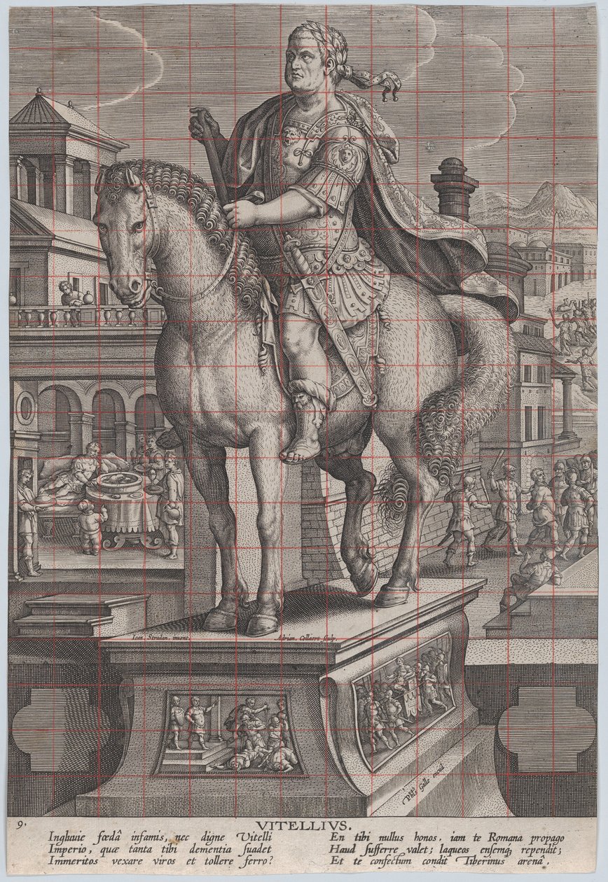 Deska 9: jezdecká socha Vitellia, při pohledu ze tří čtvrtin vlevo, s jeho ..., ca. 1587-89. od Adriaen Collaert
