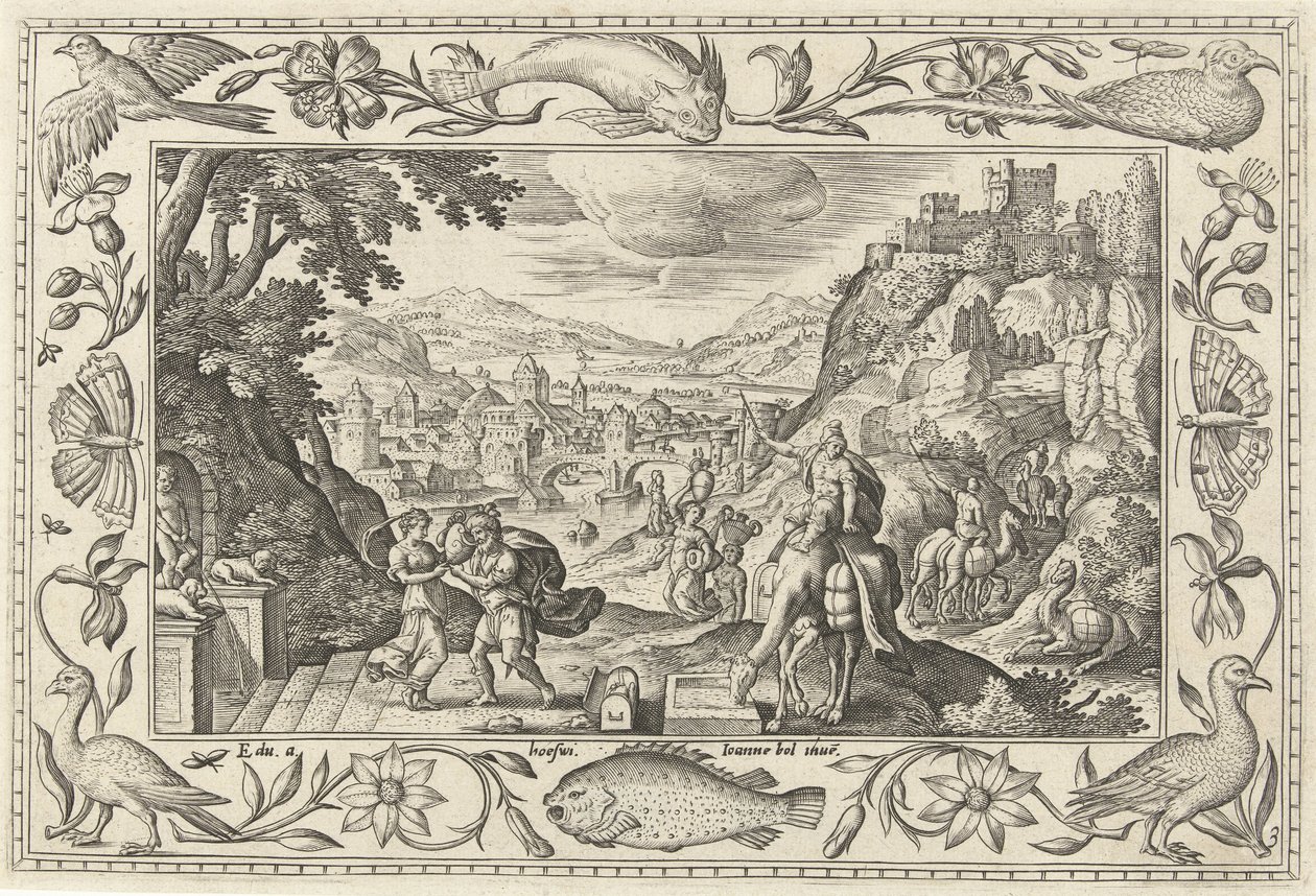 Rebeka a Eliezer u studny Krajiny s biblickými, mytologickými scénami a loveckými scénami (název série) od Adriaen Collaert