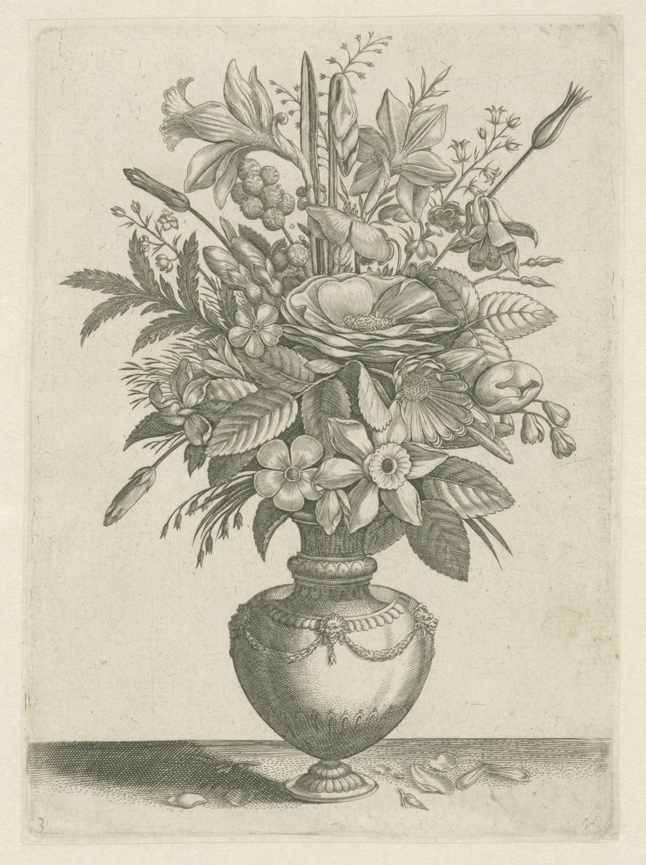 Váza s květinami včetně trumpetových narcisů Florilegium (název série) od Adriaen Collaert