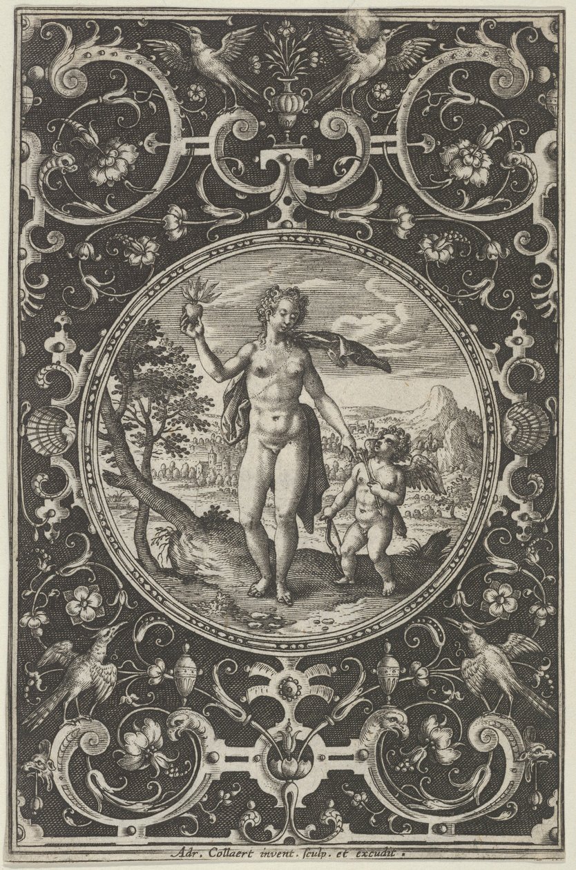 Venuše a Amor v dekorativním rámu s groteskami, ze Soudu v Paříži..., c1580-1600. od Adriaen Collaert