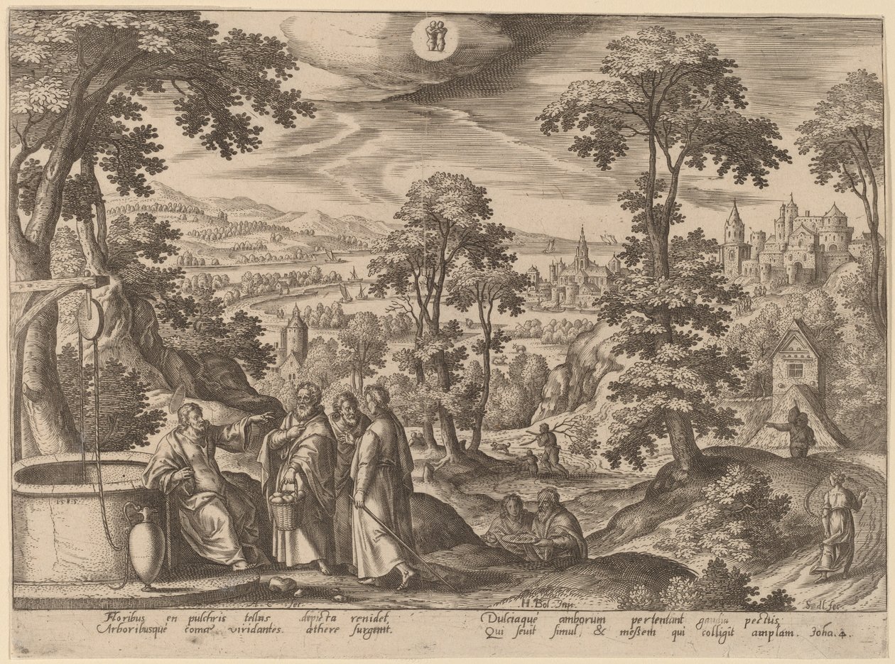 Kristus a žena Samaří od Adriaen Collaert after Hans Bol