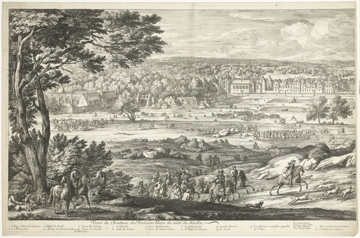Pohled na hrad Fontainebleau (levá strana) Veuë du Chasteau de Fontainebleau du costé du Jardin (název na objektu) od Adriaen Frans Boudewyns