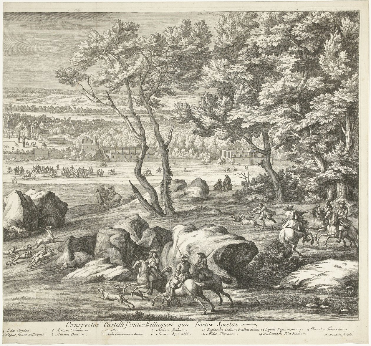 Pohled na hrad Fontainebleau (pravá strana) Veuë du Chasteau de Fontainebleau du costé du Jardin (název na objektu) od Adriaen Frans Boudewyns
