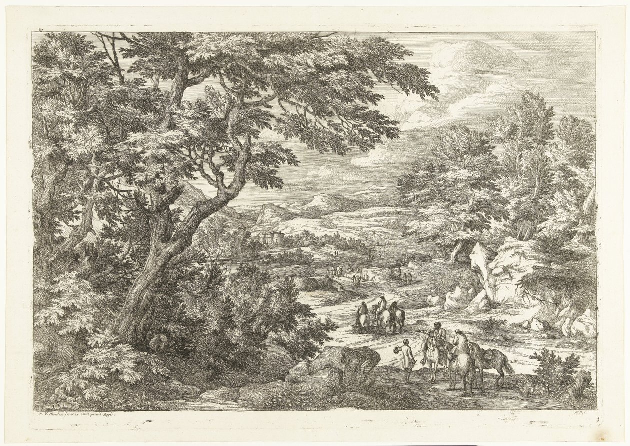 Krajina s lovci na cestě domů, v dálce hrad Krajiny s lovci (název série) od Adriaen Frans Boudewyns