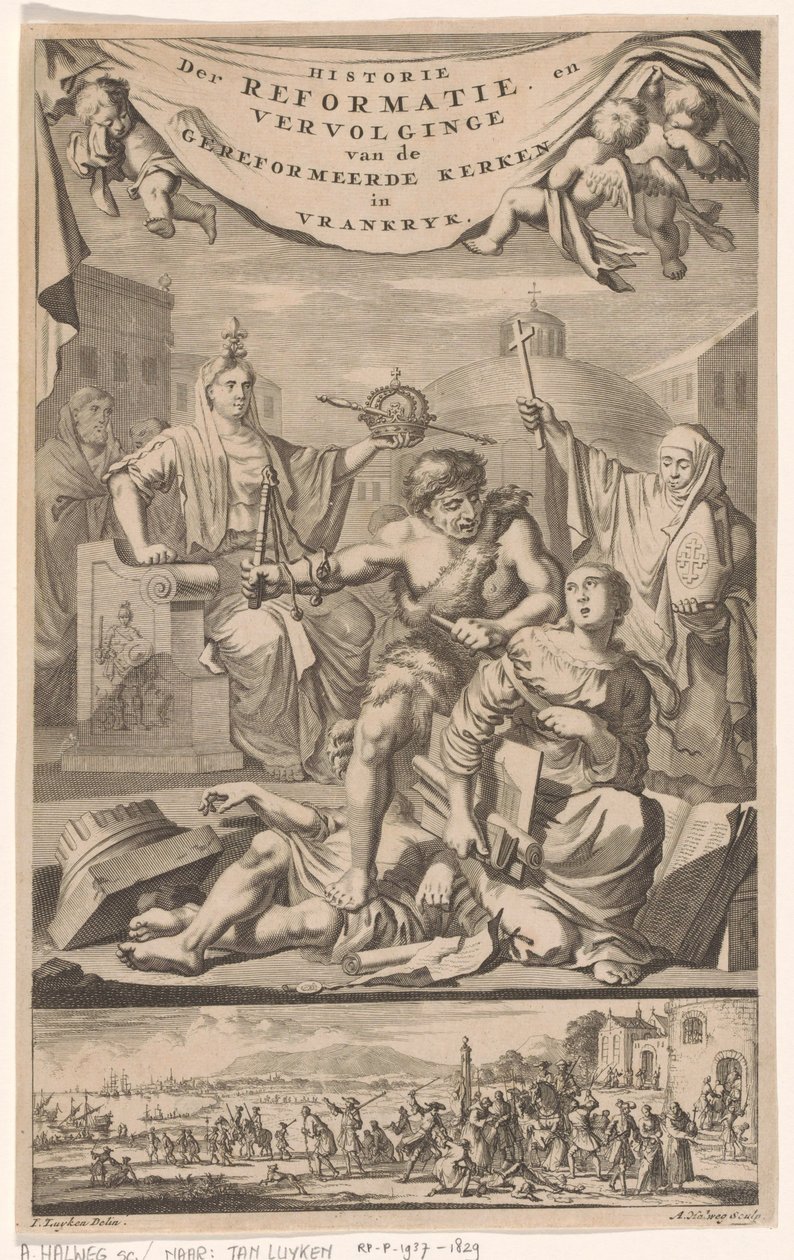 Francouzská reformovaná církev napadena mužem s metlou Titulní strana pro: E. Benoist, Dějiny reformovaných církví ve Vrankrijku, 1696 od Adriaen Haelwegh