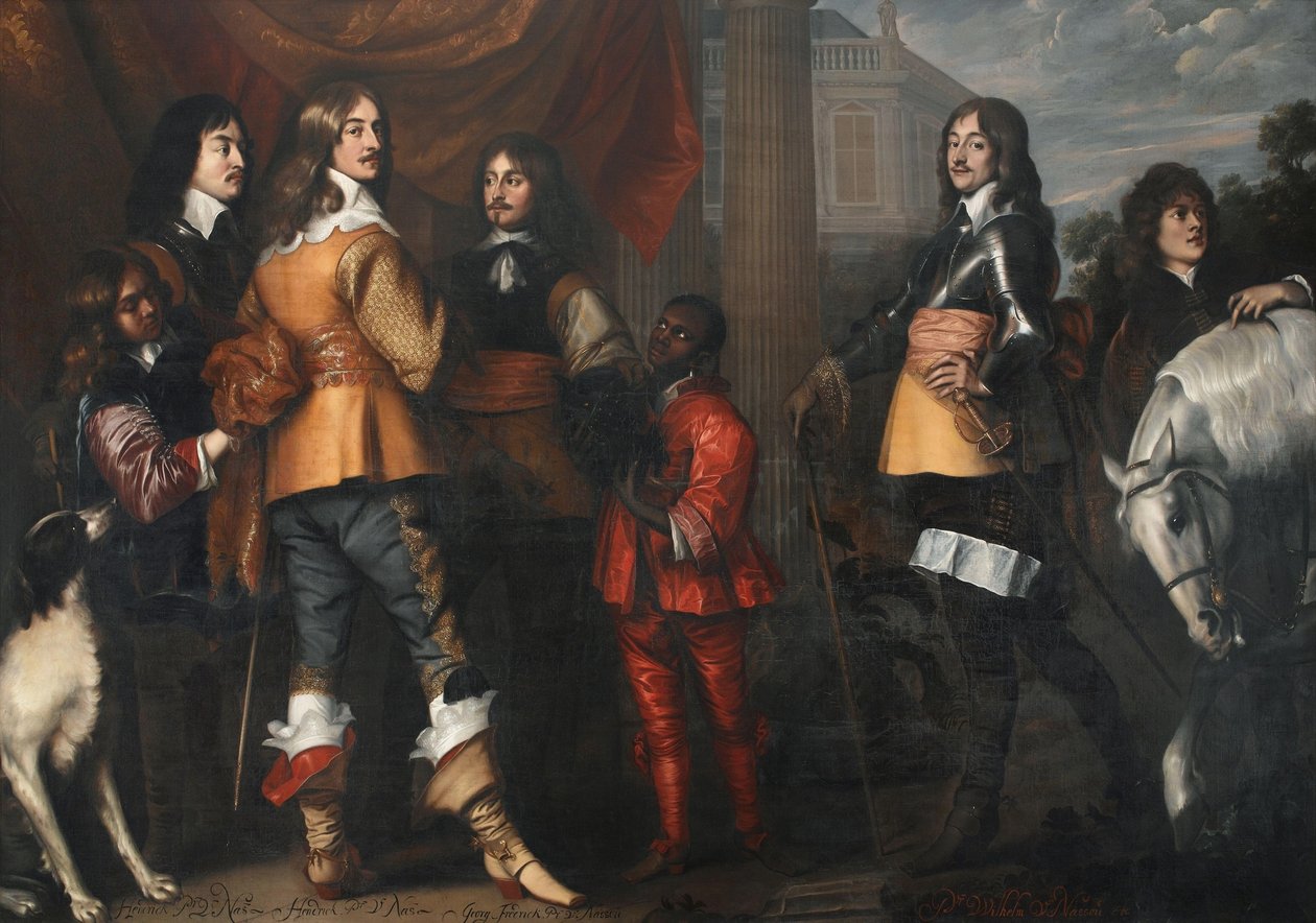 Skupinový portrét Willema Frederika van Nassau-Dietz (1613-1664), Hendrika Kazimíra I. van Nassau-Dietz (1612-1640), Hendrika van Nassau-Siegen (1611-1652) a George Frederika van Nassau-Siegen (1606-1674) se služebnictvem. od Adriaen Hanneman