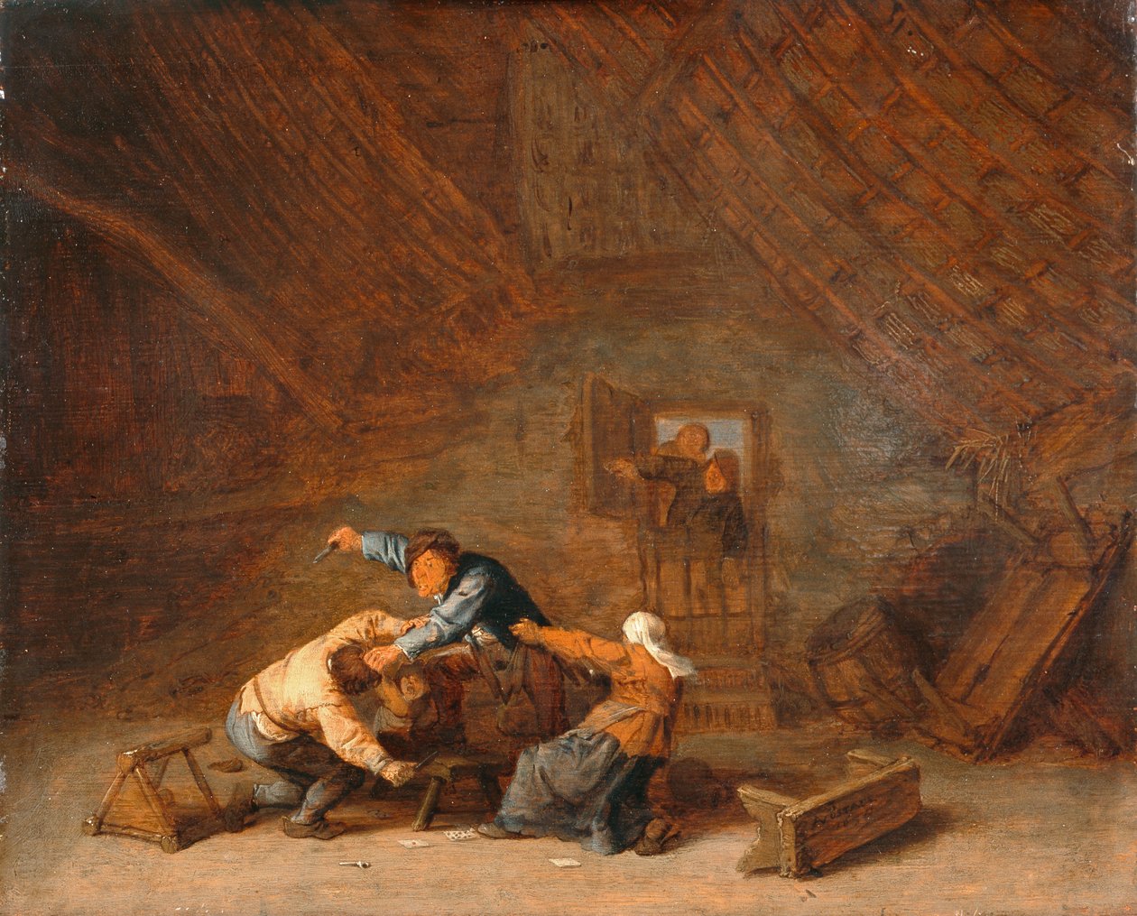 Navetan sisäpuoli, jossa kaksi talonpoikaa taistelevat od Adriaen Jansz. van (attr. to) Ostade
