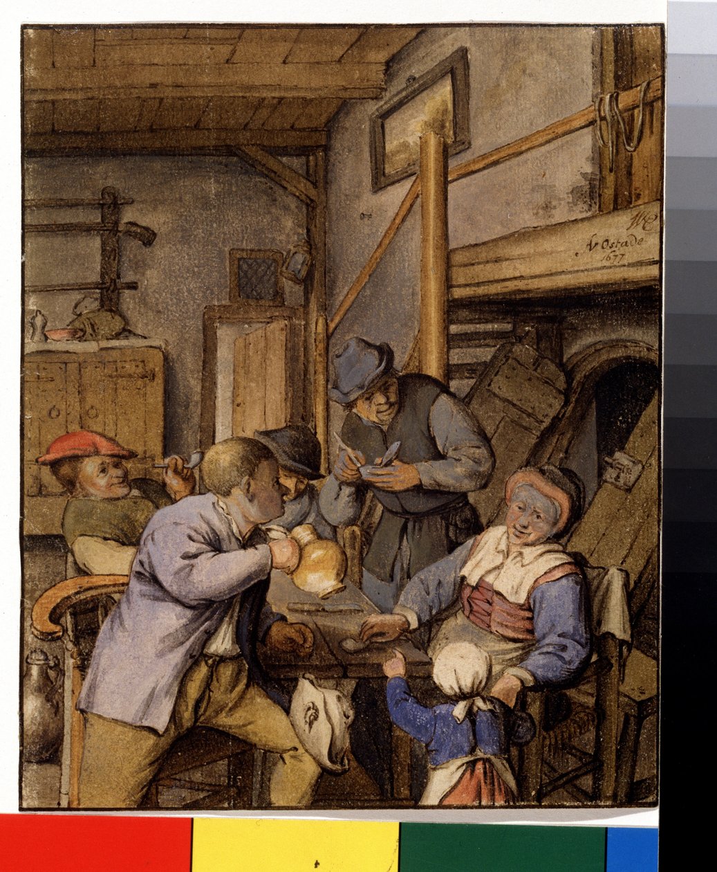 V hostinci (V krčmě). Sedláci kouří a pijí u stolu před vchodem do sklepa. Obraz Adriaen Jansz Van Ostade (1610-1685), kolem 1667. Holandská malba. Tužka, štětec a akvarel na papíře. Puškinovo muzeum, Moskva od Adriaen Jansz. van Ostade