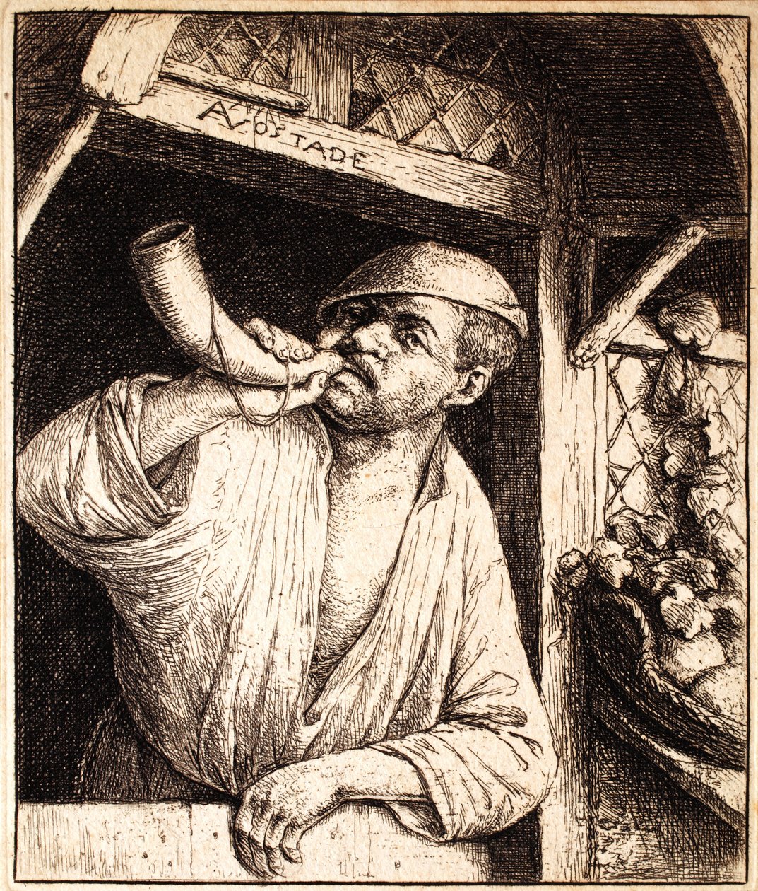 Baker troubí na roh, kolem roku 1670 od Adriaen Jansz. van Ostade
