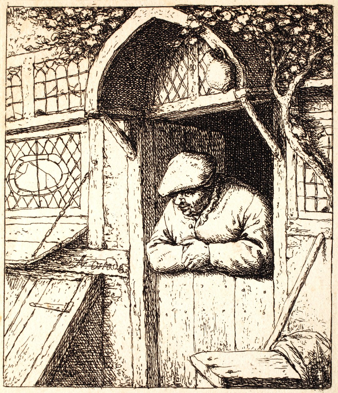 Muž opírající se o své dveře, kolem 1672 (lept) od Adriaen Jansz. van Ostade