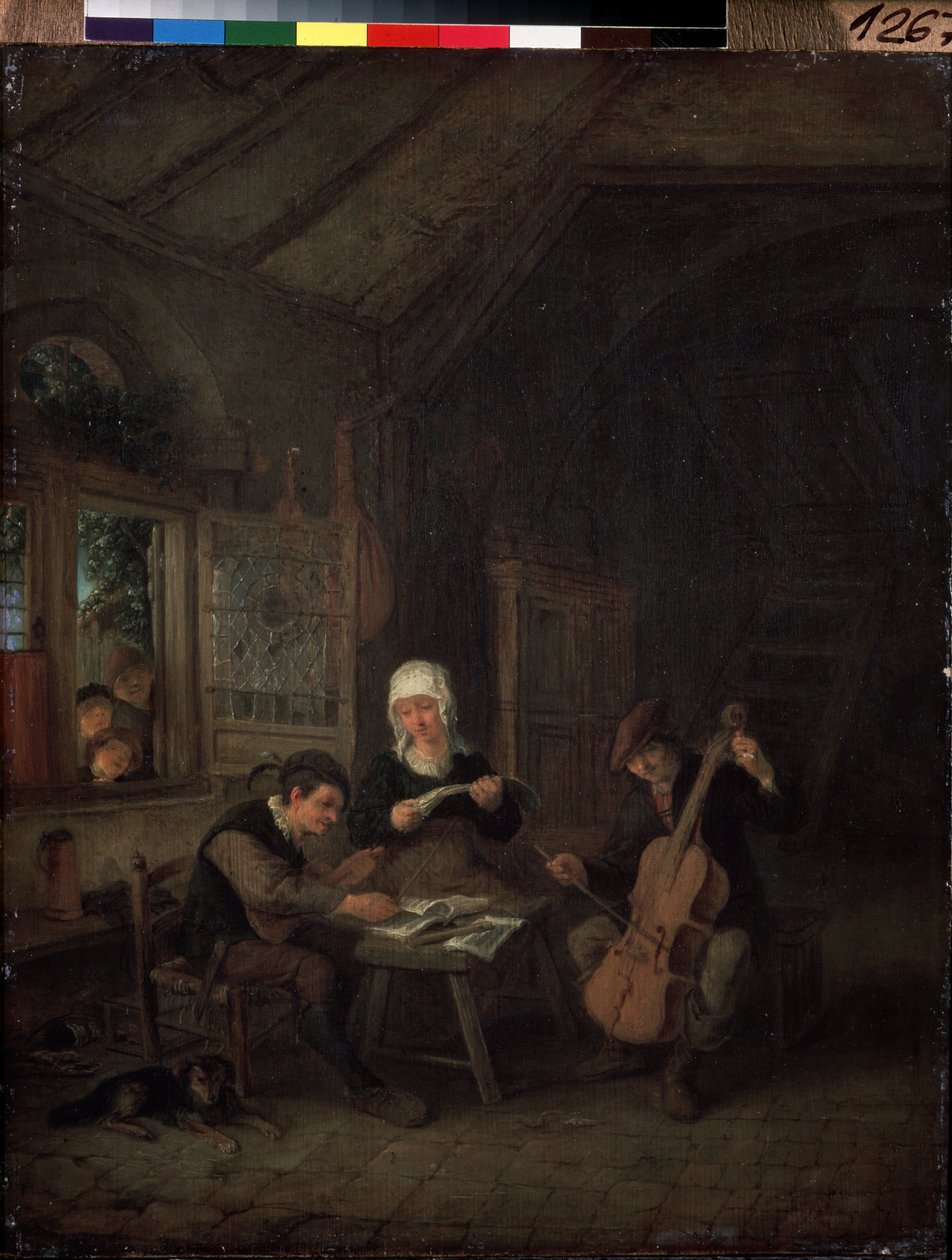 Vesničtí muzikanti (venkovští muzikanti). Houslista a violoncellista hrající v domě. Obraz Adriaena Jansze Van Ostade (1610-1685) od Adriaen Jansz. van Ostade