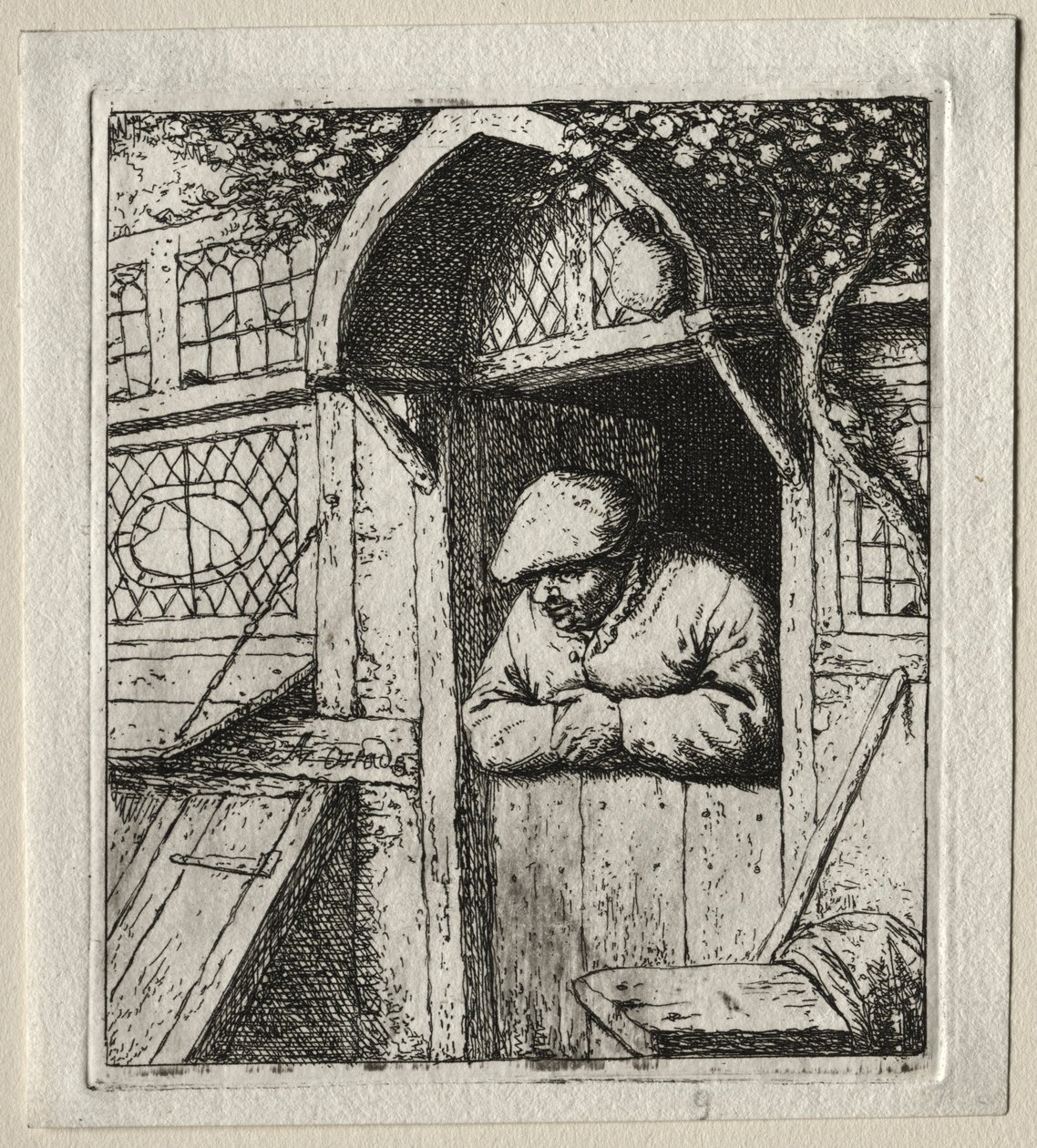 Sedlák opírající se o jeho dveře. od Adriaen Jansz. van Ostade