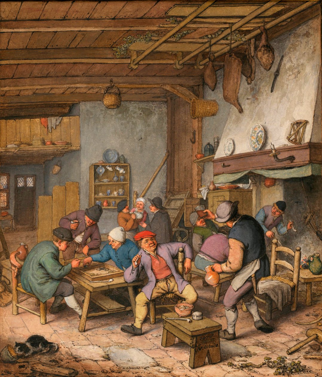 Pokoj v hostinci s rolníky pijícími, kouřícími a hrajícími backgammon - dílo Adriaena Jansze van Ostade (1610-1685) Tužka, křída a akvarel na papíře od Adriaen Jansz. van Ostade