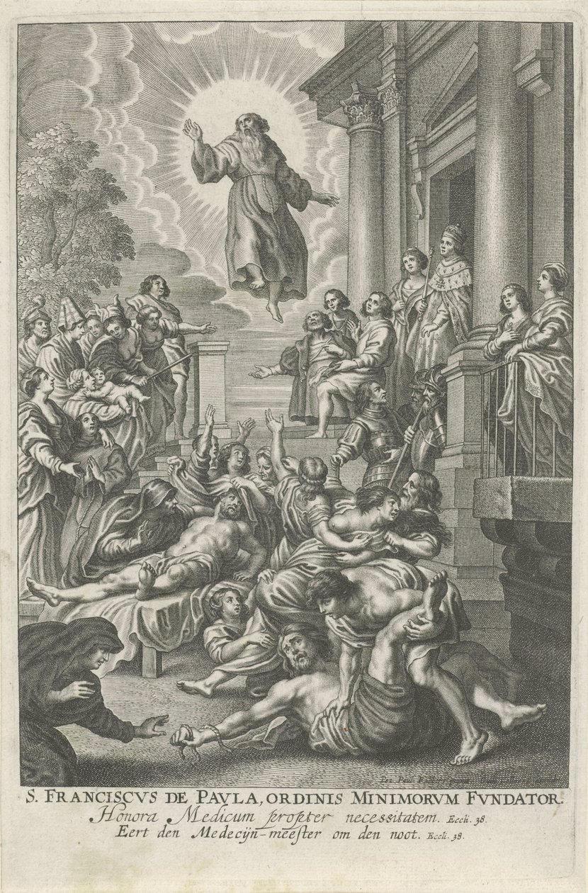 H. Franciscus van Paola geneest de zieken Sv. František de Paula, zakladatel řádu minoritů (titul na předmětu) od Adriaen Lommelin