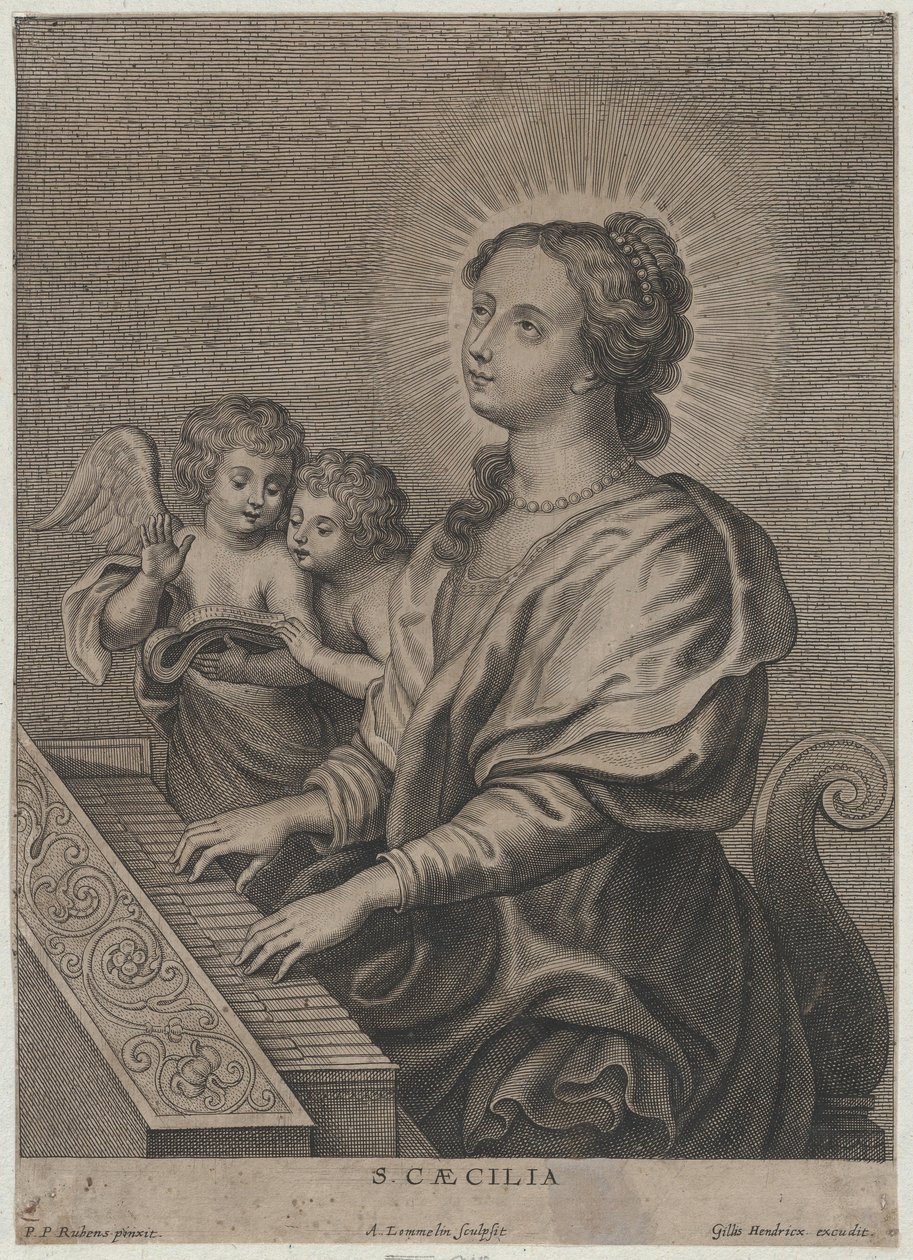 Svatá Cecílie hraje na varhany se dvěma putti vlevo, ca. 1654-77. od Adriaen Lommelin