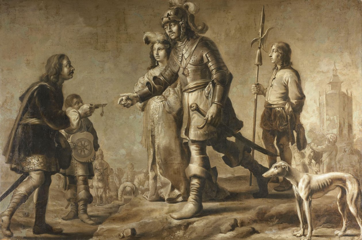 Boudewijn van Heusden (?-870) a jeho manželka Sophia přijímající poctu od legáta krále Edmunda, c. 1626 od Adriaen Pietersz van de Venne (manner of)