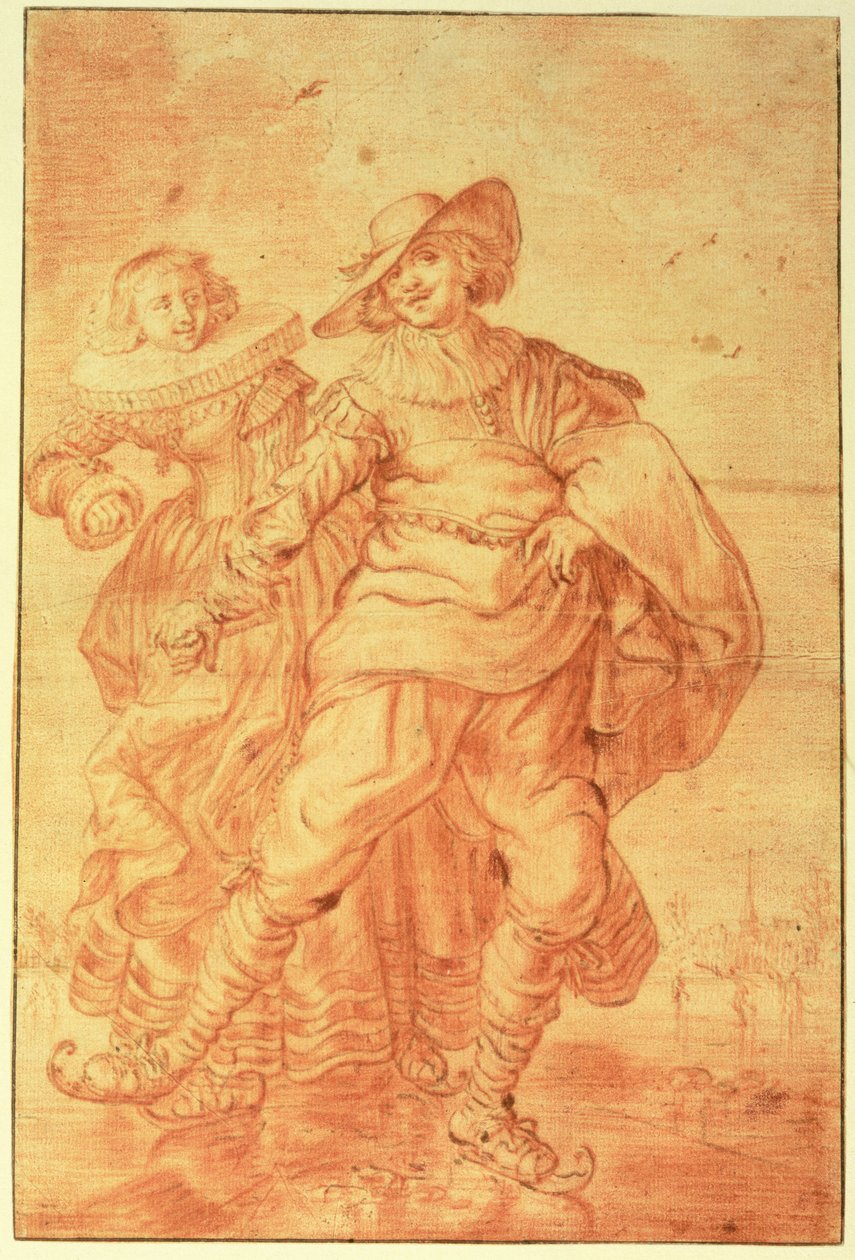 A Lady and Gentleman Skating on Ice, c.1625 (červená křída na papíře) od Adriaen Pietersz van de Venne