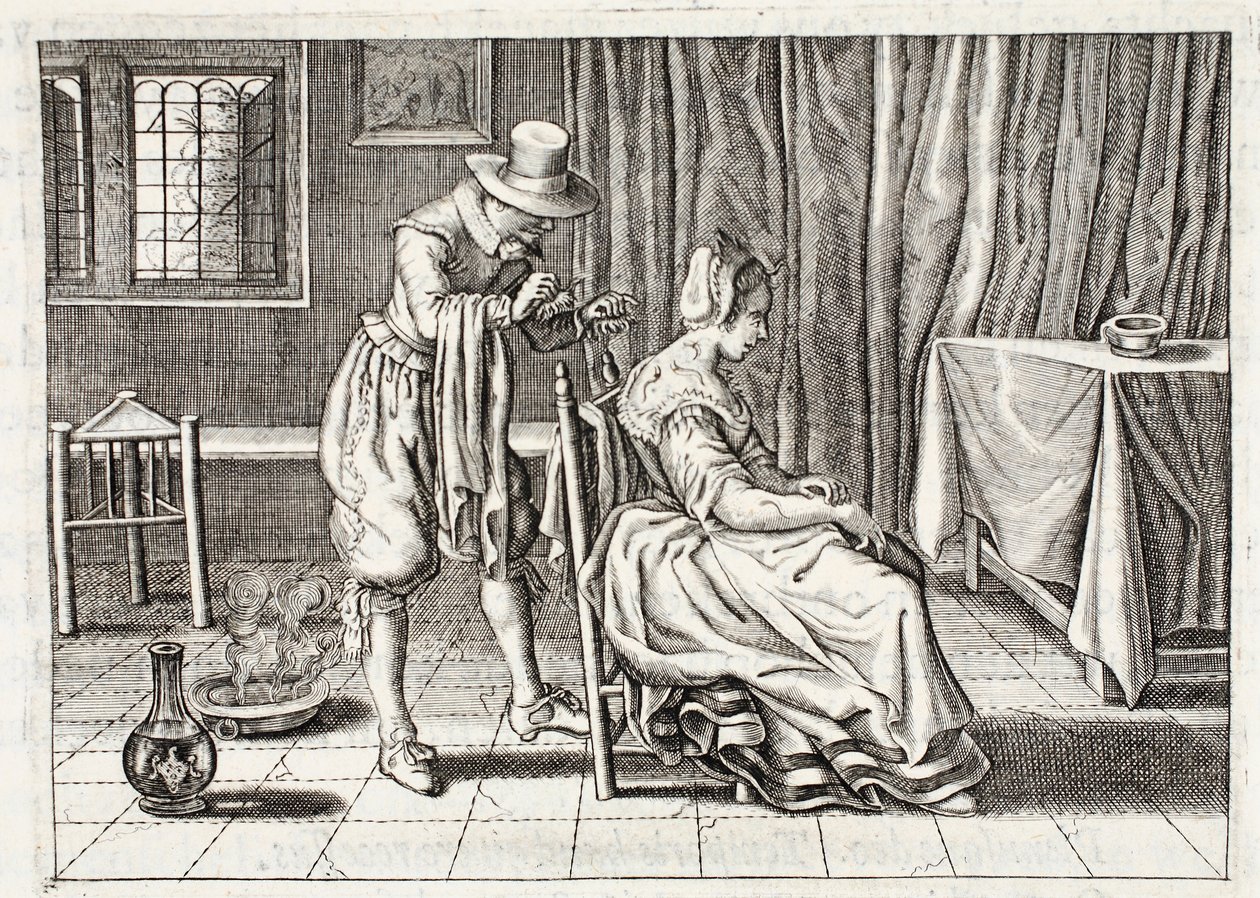 Přikládání pijavic, ilustrace z "Emblemata of Zinne-werk" od Johannese de Brune (1589-1658), Jan Jacobs Schipper, Amsterdam, 1661 od Adriaen Pietersz van de Venne