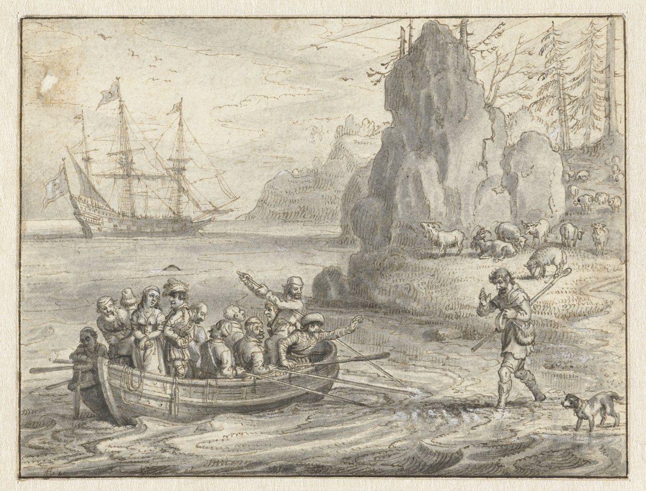 Celadon prosí piráty, aby ho vzali spolu s jeho unesenou manželkou Galateou od Adriaen Pietersz van de Venne