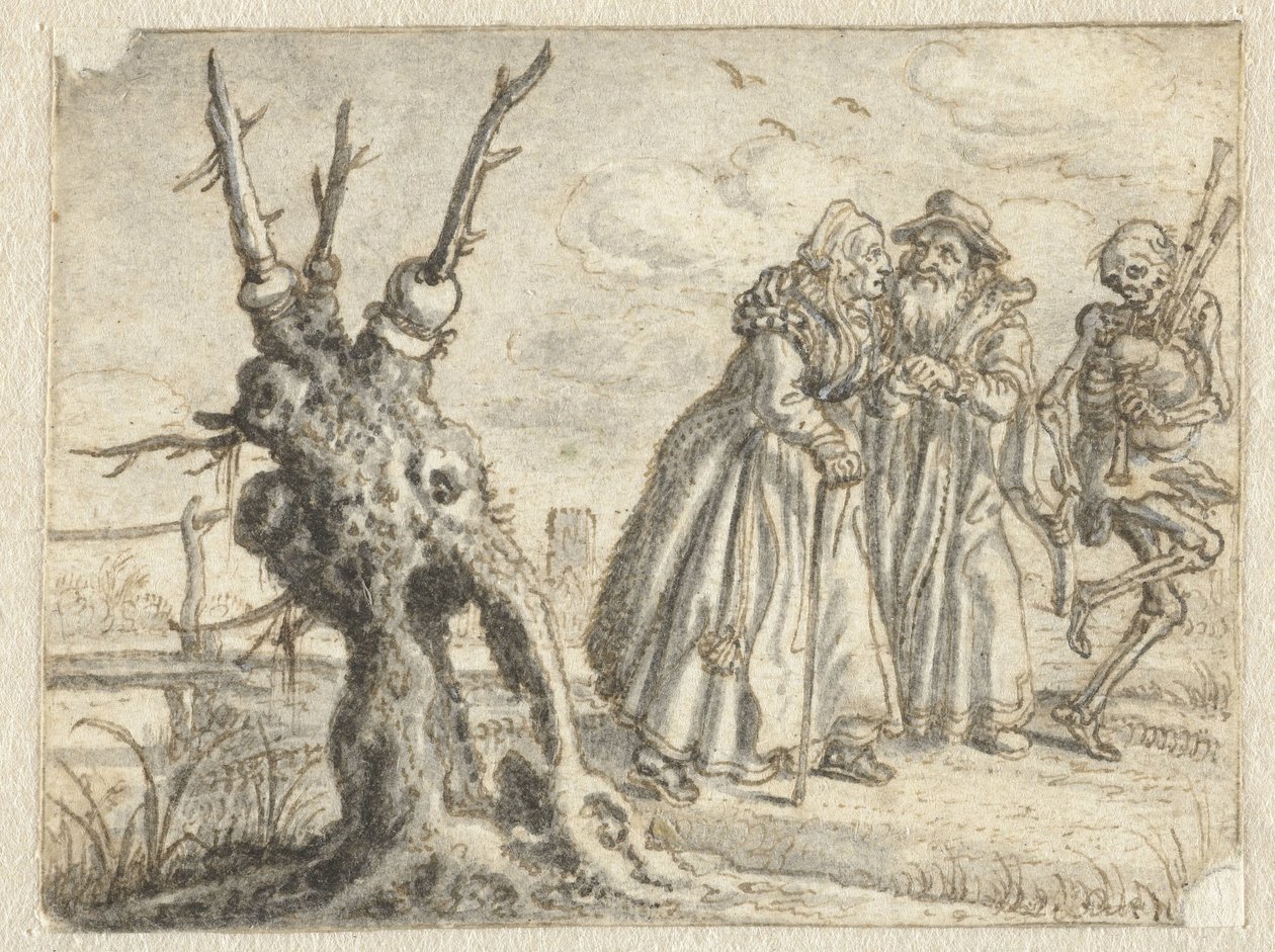 Starší muž a žena ochotně následují smrt a hrají na dudy od Adriaen Pietersz van de Venne