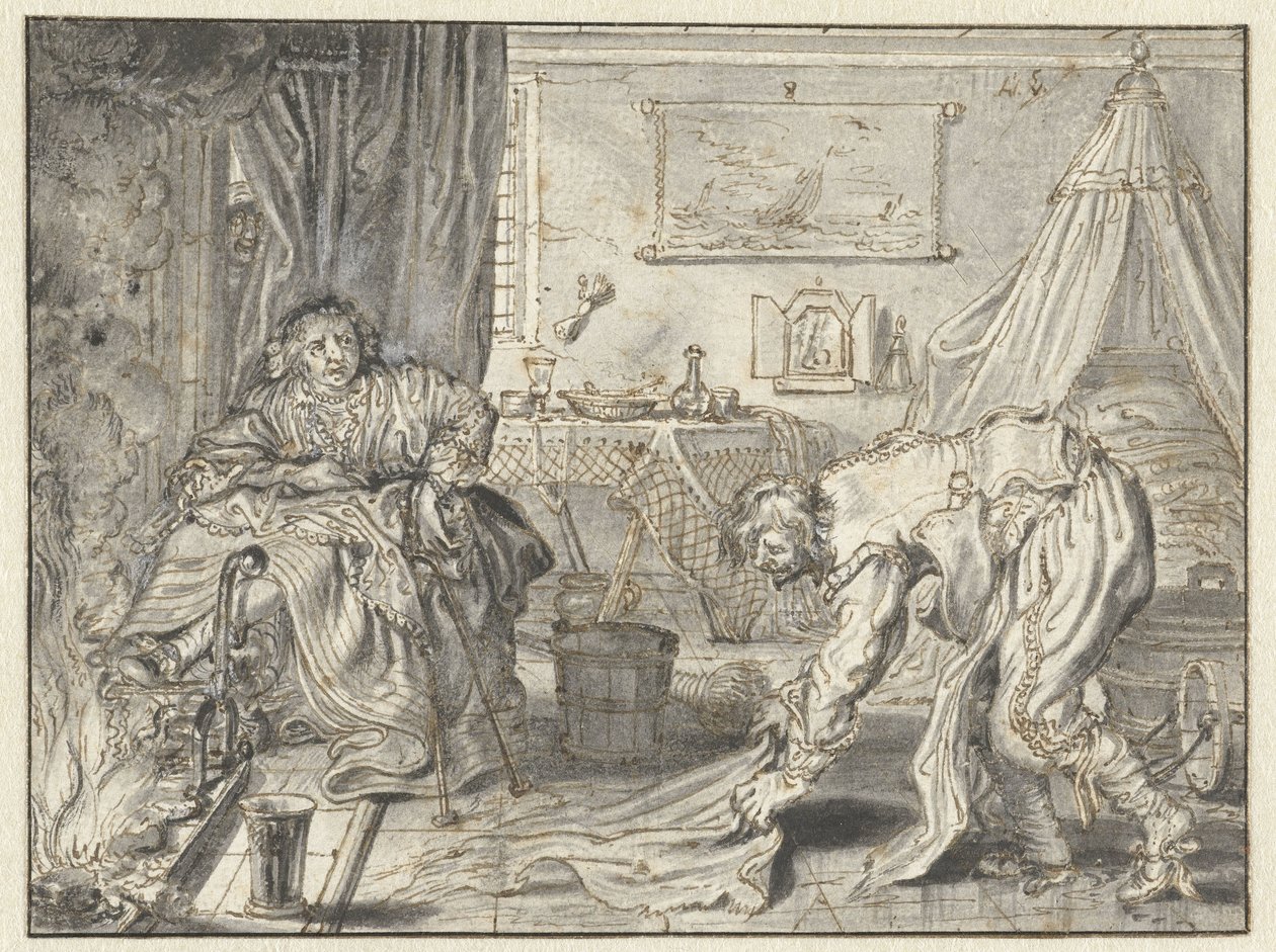 Muž uklízí podlahu, zatímco jeho žena sedí u krbu od Adriaen Pietersz van de Venne