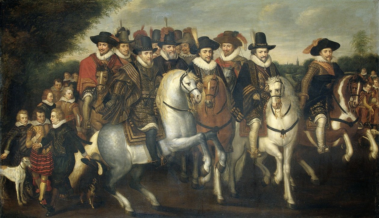 Princ Maurice v doprovodu svých dvou bratrů, Fredericka V., kurfiřta Palatina, a hrabat z Nassau na koni, kolem roku 1625 od Adriaen Pietersz van de Venne