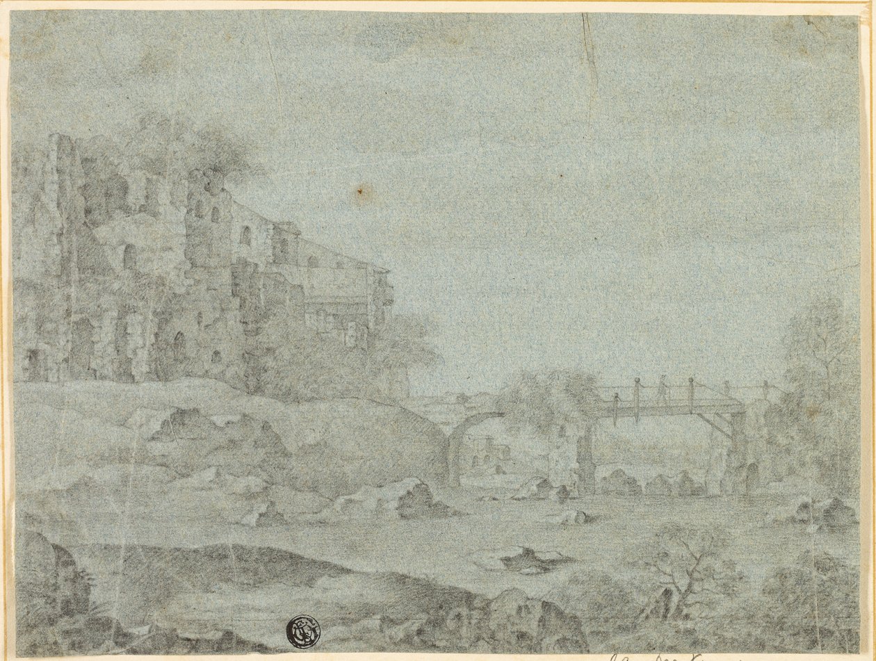 Zřícenina s výhledem na řeku a most od Adriaen Pietersz. van de Venne