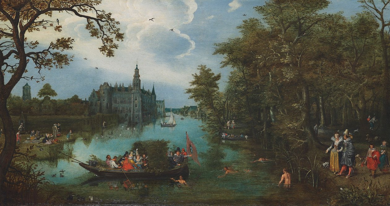 Letní krajina s plavbou na lodi a koupajícími se od Adriaen Pietersz. van de Venne