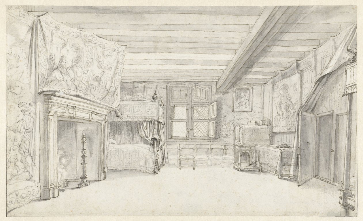 Pohled na bohatě vybavený pokoj s postelí s nebesy od Adriaen Pietersz van de Venne