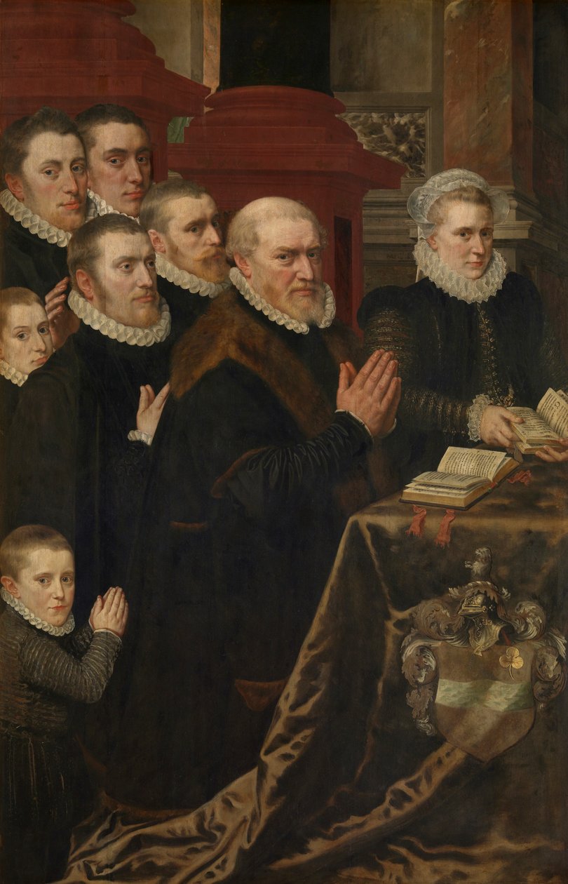 Kalvárie a rodina Gillis de Smidt a Maria de Deckere (olej na desce) od Adriaen Thomasz Key