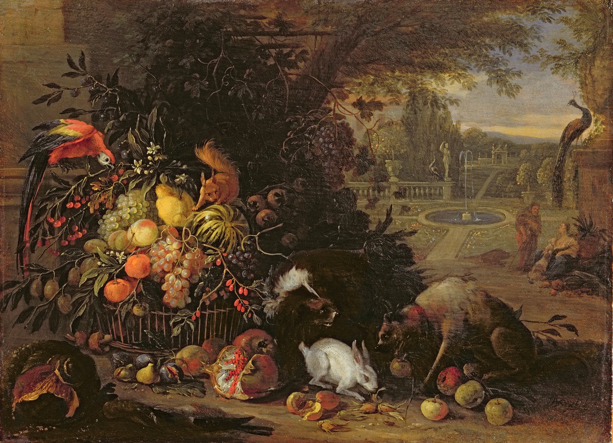 Zátiší v zahradě, asi 1700 (olej na desce) od Adriaen de Gryef